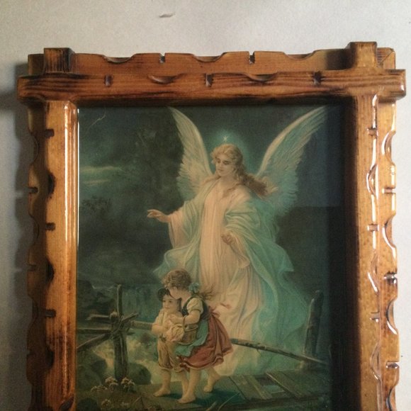 vintage wall hanging wood framed print on board children angel - Picture 2 of 5